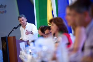 The Colombian government provided this photo of President Juan Manuel Santos addressing the national congress of chambers of commerce in Cartagena. EFE