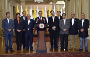 A handout picture made available by the Presidency of Colombia shows Colombian President Juan Manuel Santos (C), delivering a speech after the announcement of peace deal referendum results in Bogota, Colombia, 02 October 2016. Colombians voted ëNoí to the peace pact signed less than a week ago between the government and the Revolutionary Armed Forces of Colombia (FARC), according to official results with 99.64 percent of the votes counted. EPA/JUAN PABLO BELLO / PRESIDENCY OF COLOMBIA / HANDOUT HANDOUT EDITORIAL USE ONLY/NO SALES