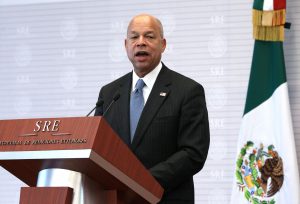 US Secretary of Homeland Security, Jeh Johnson, talks during a joint press conference with Mexican Foreign Affairs Secretary, Claudia Ruiz Massieu, in Mexico City, Mexico, on 11 October 2016. After the meeting of both officials Johnson said that both countries are continue to work to find new ways of confronting "Mutual security interests", especially tied to the migration matters. EPA/Jorge Nunez