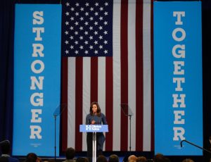 First Lady of the United States Michelle Obama addresses a crowd during a campaign stop at Southern New Hampshire Univeristy for Democratic Party presidential candidate Hillary Clinton, in Manchester, New Hampshire, USA, 13 October 2016. EPA/CJ GUNTHER