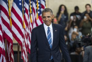 US President Barack Obama walks off stage after announcing that the country's high school graduation rate has risen to 83 percent in the 2014-2015 academic year at an education event at Banneker High School in Washington, DC USA, 17 October 2016. According to the White House, this is the highest US graduation rate on record. EPA/JIM LO SCALZO