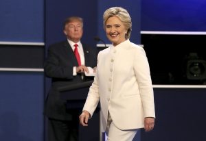 US Democratic candidate Hillary Clinton (R) and US Republican candidate Donald Trump (L) look on at the end of the final Presidential Debate at the University of Nevada-Las Vegas in Las Vegas, Nevada, USA, 19 October 2016. The debate is the final of three Presidential Debates and one Vice Presidential Debate before the US National Election on 08 November 2016. EPA/GARY HE