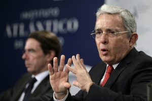 Former Colombian President Alvaro Uribe (R) speaks during a conference on the situation in Colombia after the peace referendum, in Madrid, Spain, 07 November 2016. Former Colombian President Andres Pastrana, former Spanish Prime Minister Jose Maria Aznar and former Colombian President Alvaro Uribe have discussed a peace agreement with rebel group FARC, which was rejected in a referendum in October 2016. EFE
