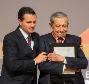 A handout picture provided by the Mexican Presidency, shows the Mexican President Enrique Peña Nieto (L), is seen with the businessman and politician Miguel Alemán (R) during his participation at the 14 edition of the Business Summit in Puebla, Mexico, on 15 November 2016, where he said that the future dialogue with the next government of Donald Trump will be marked by "enormous pragmatism", the defense of the country's sovereignty and the protection of its citizens. EFE